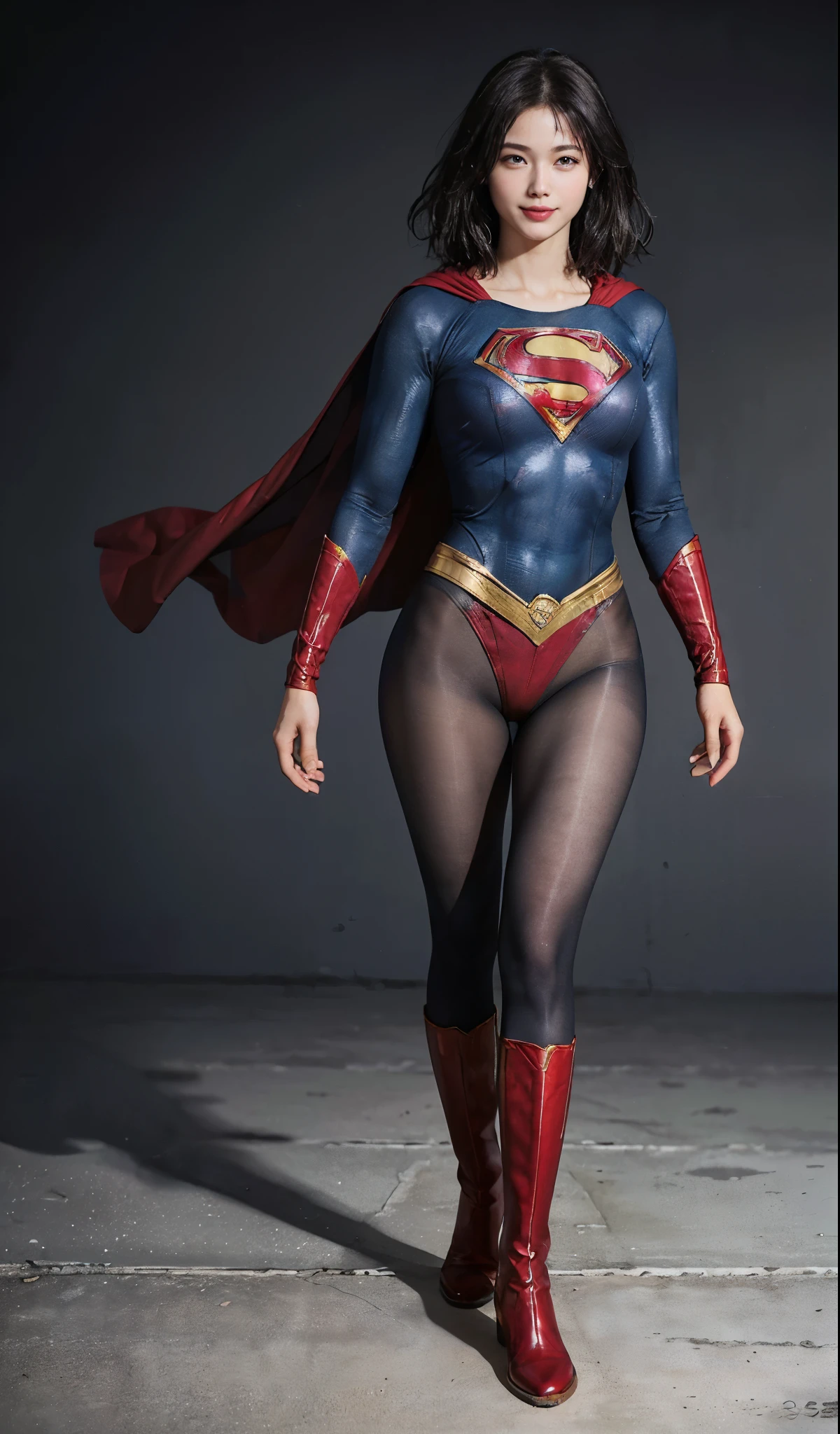 No background、(((Beautiful legs in black tights.)))、(((Legally express the beauty of your smile)))、((((Make the most of your original images)))、(((Supergirl Costume)))、(((ボディにフィットしたSupergirl Costume)))、(((Short beautiful hair)))、(((Smiles and winks)))、(((Please wear black tights....、Wear red boots)))、((Best image quality、8k))、((highest quality、8k、masterpiece:1.3))、(((Preserve background )))、Sharp focus:1.2、Beautiful woman with perfect figure:1.4、Slim Abs:1.2、Wet body:1.5、Highly detailed face and skin texture、8k