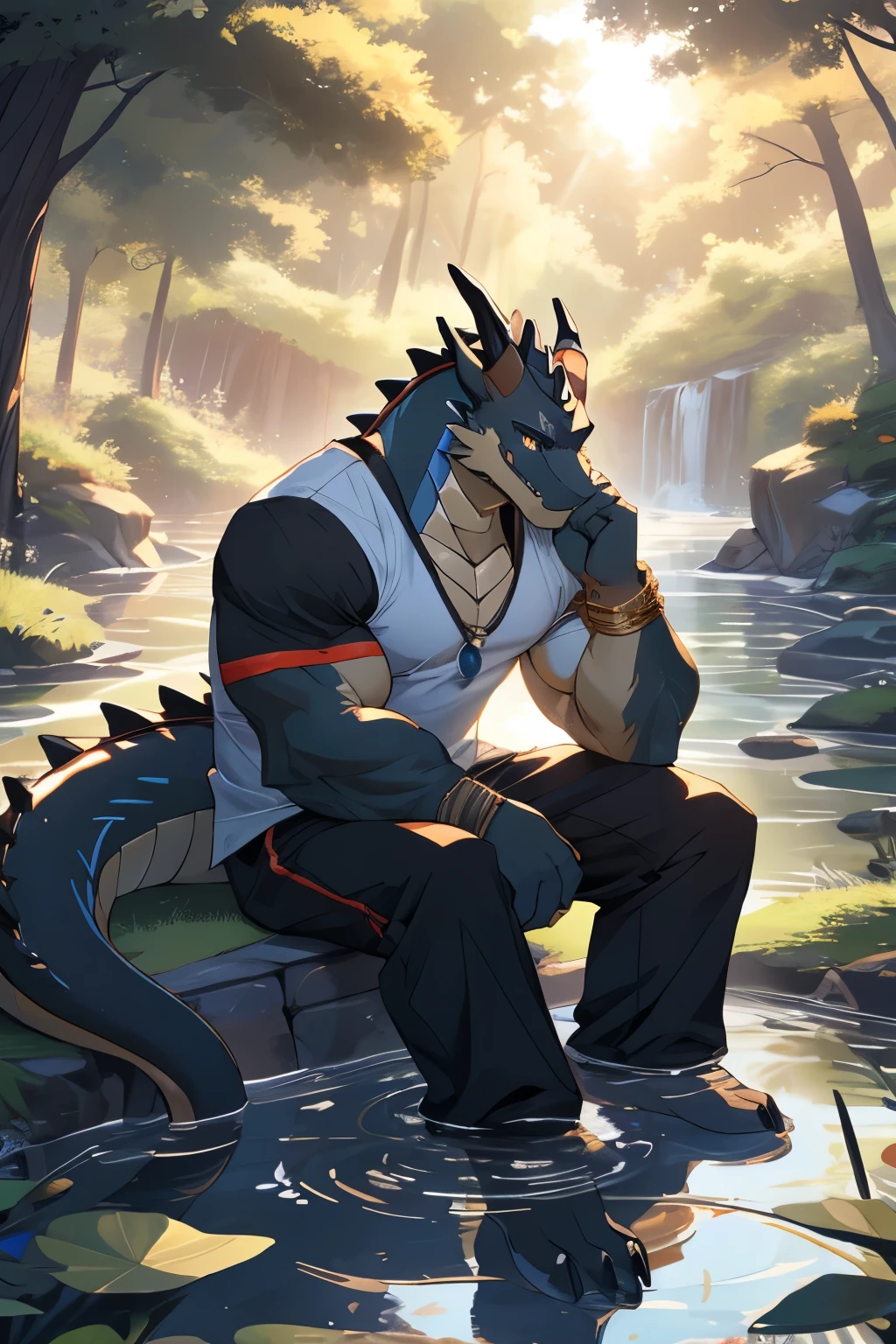 (best quality, masterpiece, ultra-detailed, intricate, illustration, detailed lighting), (morning rays, water reflections, lens flare, vibrant colors), (1 muscular black dragon character:1.5),, (golden eyes:1.3), (wearing casual clothes:1.2), Dragon，zixiong，stern yet peaceful expression, loose t-shirt and track pants, simple outfit, sitting on grassy bank of small woodland pond at dawn, sun just peeking over trees, water rippling gently,  serene solitude,legs crossed, tail curled around body, one hand trailing in water