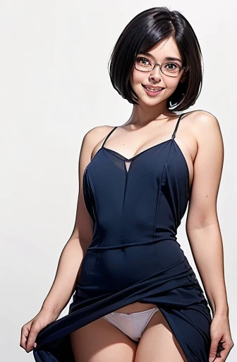 (masterpiece), (8k, best quality, high resolution), (ultra-detailed, realistic), (anatomically correct),
((from head to thighs)), (Standing), (No background),
(1woman), (looking at viewer), ((pull the dress up to the navel)), (To show the navel),
(A Japanese woman, 30 years old and 155cm tall),
(black hair), (straight hair), (short hair style), ((bob cut)), (hair behind ears),
(wear glasses), ((black cell frame glasses)),
((Wear a navy blue spaghetti strap dress)), ((Mini length dress with a simple design and minimal decoration)),
(wear panties), ((white panties)),
(Create a detailed image of the eye),
(Her impression is pure, clean and kind.),
((A captivating smile, just showing a few teeth.)),