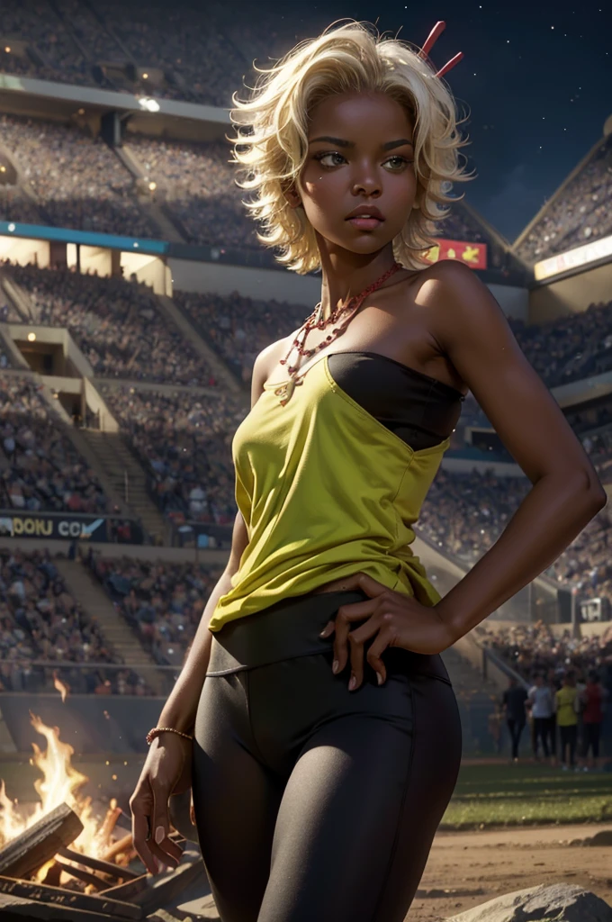 arslanaltan, 1girl, blonde hair, short hair, green eyes, dark skin, brown skin, hair ornament, t-shirt, bare shoulders, yoga pants, necklace, (Masterpiece, Best Quality, Highres:1.2), Detailed, Intricate Details, 4K, solo, cowboy shot, high rating, standing, in deserted stadium, bonfires crowd, (crowd in military uniforms), night, stars,  closed mouth, serious look, serious expression, looking at viewer,