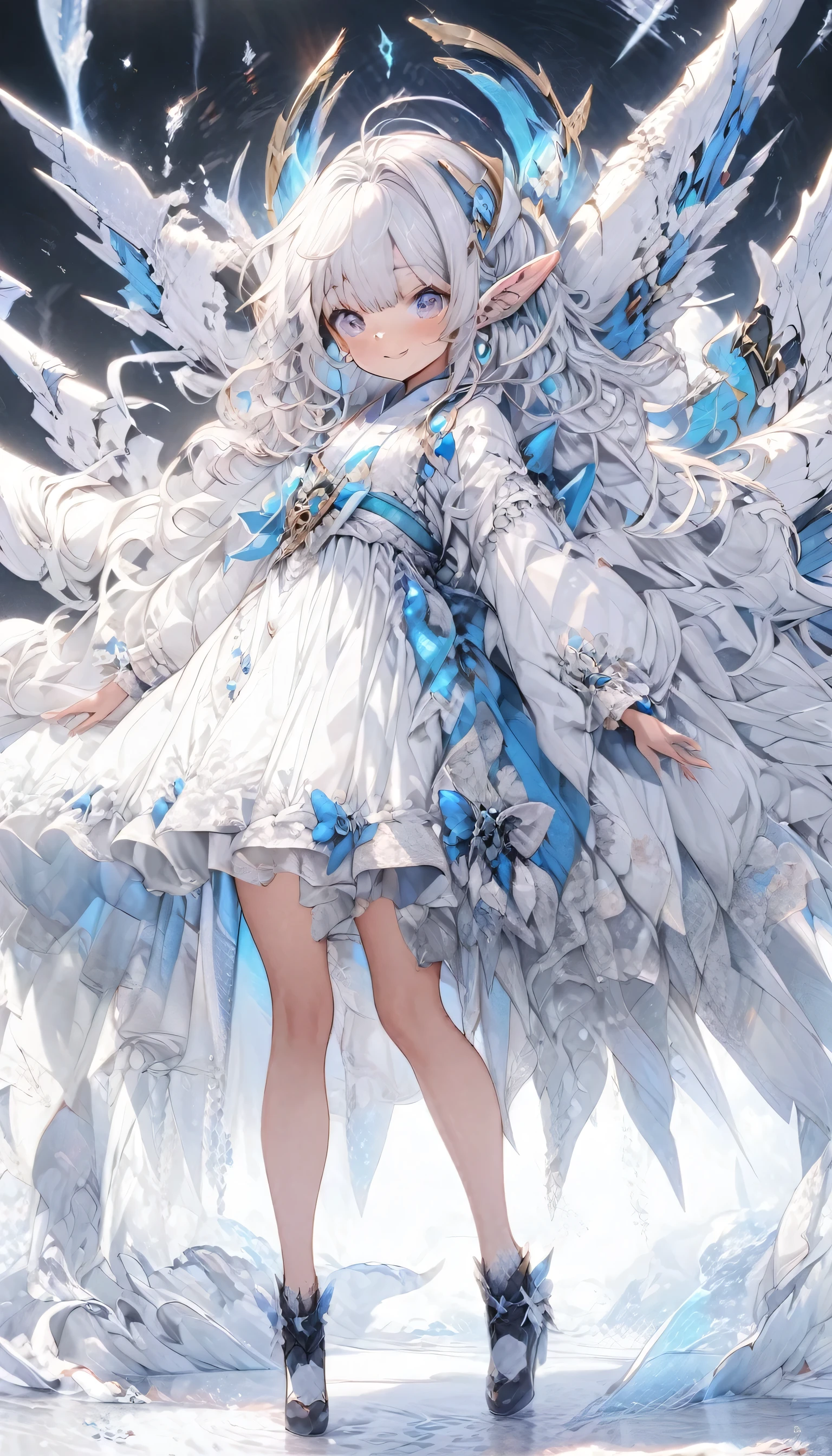 masterpiece, best quality, extremely detailed, high resolution, Japanese anime,1girl, bright blue hair, (short length hair:1.5), wavy hair, mechanical wing, (blue eyes:1.5), (beautiful detailed eyes:1.4), laugh, 130cm tall, original character, fantasy, (black background:1.2), (full body:1.8), beautiful fingers, standing, (blue black White lace frill dress:1.5), (headgear:1.5) , shoot from front, looking at viewer