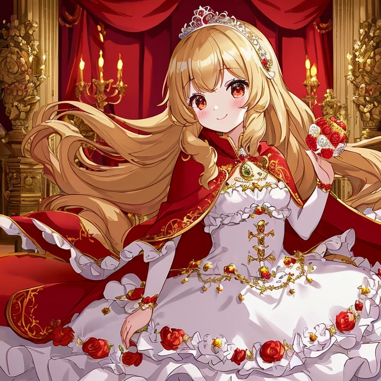 (kawaii),(best quality),(ultra detailed), upper body,(rococo style),(long train red cape:1.15), very long cape,(long train white ball gown with flower decorations), a girl is wearing a cape over her gown, 1 little princess, tiara , smile, very long hair, small breasts