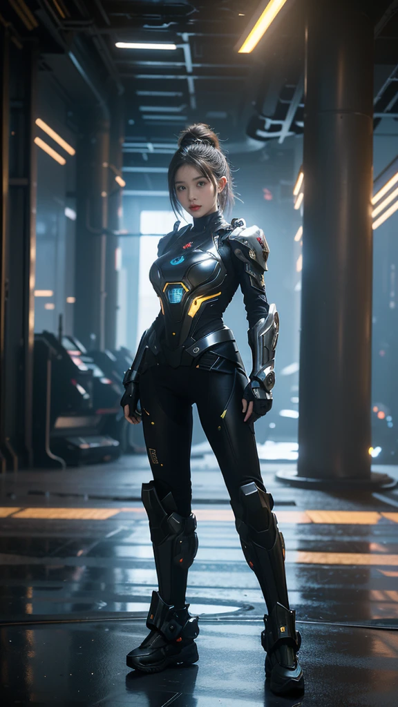 game art，best picture quality，Highest resolution，8k，((A half-length photo))，((portrait))，(rule of thirds)，Unreal Engine 5 rendering works， (Future girl)，(female warrior)， 22-year-old young hacker)，(ancient oriental hairstyle)，(Beautiful eyes full of details)，(big breasts)，(eye shadow)，Elegant and charming，indifferent，((frown))，(Combat suit full of futuristic technology，The costume combines futuristic power armor and，Clothing is decorated with glittering patterns and emblems)，cyberpunk characters，in the style of futuristic， photo poses，city background，lamp，Ray tracing，Game CG，((3D Unreal Engine))，OC rendering reflection pattern