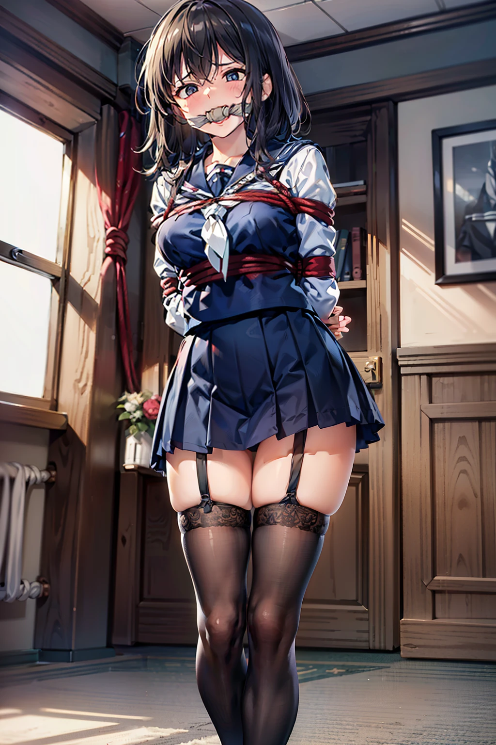 ((sailor uniform)), clv, bound, scared expression, (Highly detailed CG Unity 8K), (highest quality)，(Very detailed)，(Ultra-high resolution), 1 female, White gag, Sailor suit, Rope Bondage, breasts Rope Bondage, hands back Rope Bondage, leg Rope Bondage, thigh Rope Bondage, bust Rope Bondage, feet Rope Bondage, Put your arms behind your hips, Wrists tied, Tie your ankles, Gagged with white cloth, Dark Blue Skirt, ((Black Stockings)), Black garter belt, loafers,