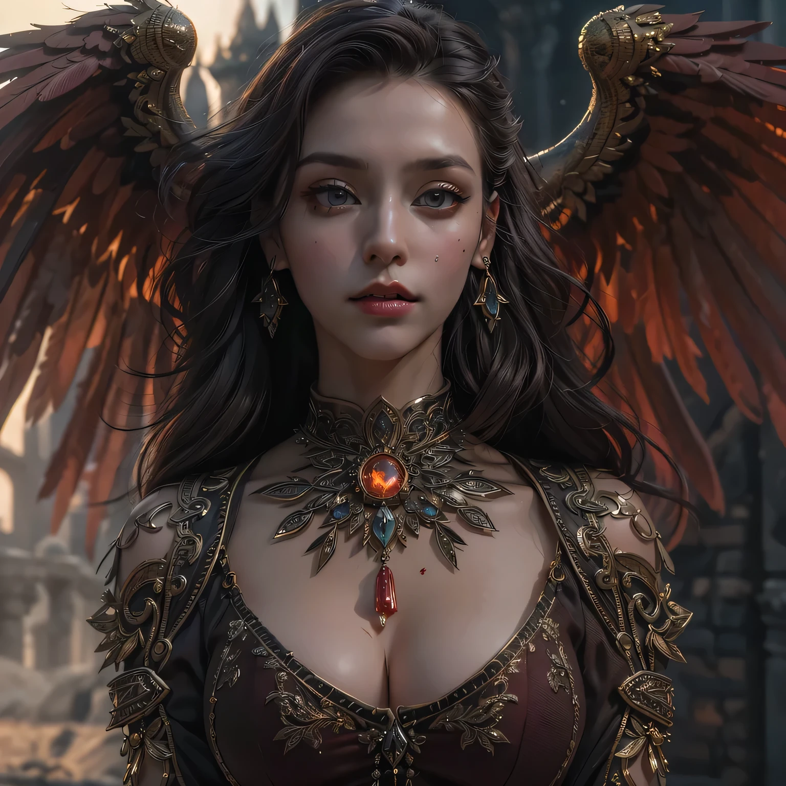 RAW photo, (best quality:1.3), high resolution, (masterpiece), (photorealistic:1.4), professional photography, sharp focus, HDR, 8K resolution, intricate detail, sophisticated detail, depth of field, extremely detailed CG unity 8k wallpaper, d4lilith, [Nanami Hachiro] as beautiful supermodel, extremely prefect fierce face, extremely prefect eyes:1.2, extremely prefect lips, extremely prefect nose, extremely prefect ears, (PureErosFace_V1:0.3), (naturally sagging enormous breasts:1.1), (Kpop idol makeup), dynamic pose, dynamic angle, (look at viewer), demon wings, ((horns)), realistic skin, solo, fansty world red fire background,  determined, dark theme,