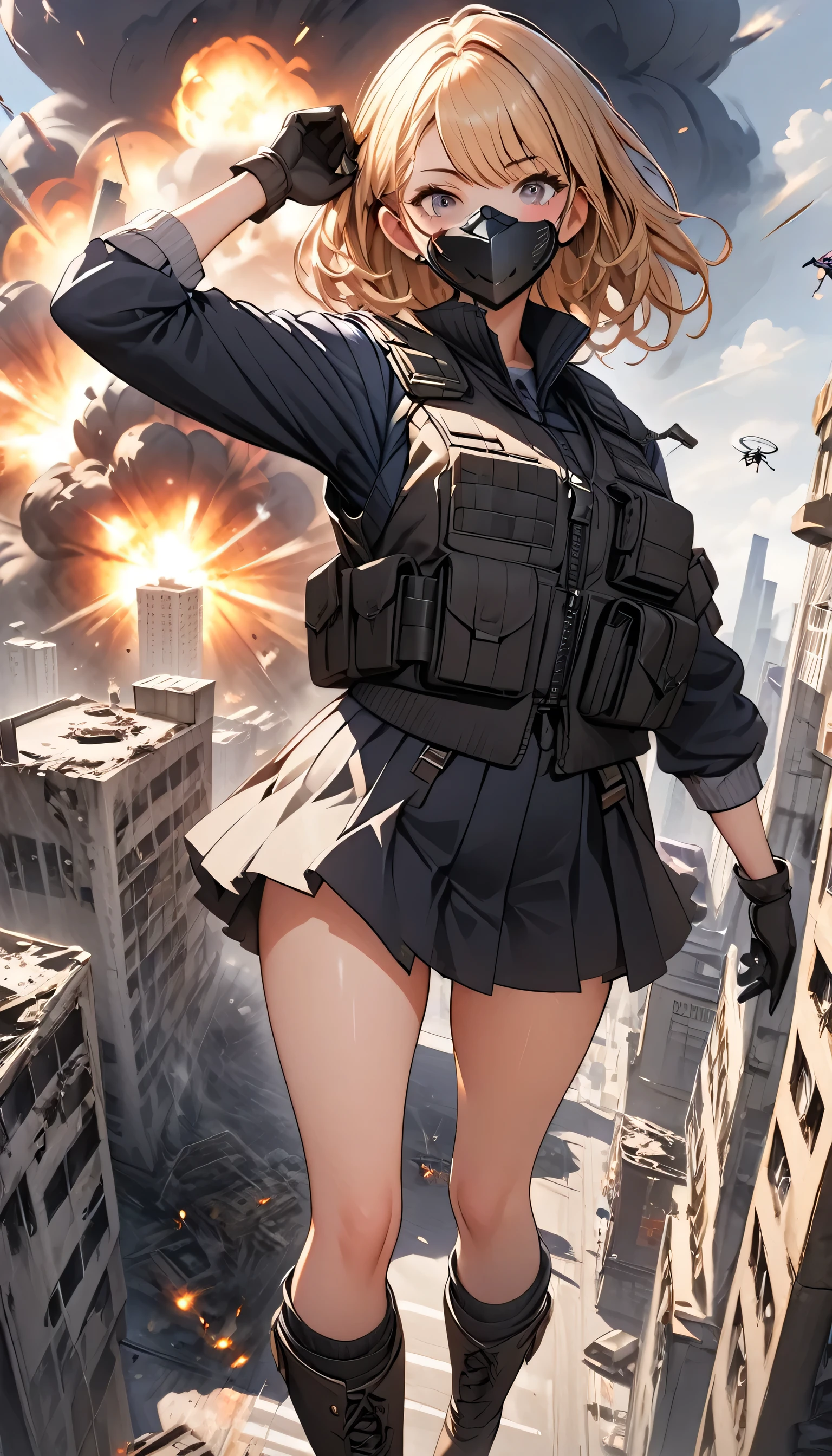 ((high quality)), ((masterpiece)), 8k, One girl, Bulletproof vest, light, Highly detailed CG Unity 8k wallpaper, Game CG, View your viewers, gloves, boots, whole body, clock, computer, mask, Drone, Have a weapon, Jacket, (Background Destroyed city , explosion , cigarette