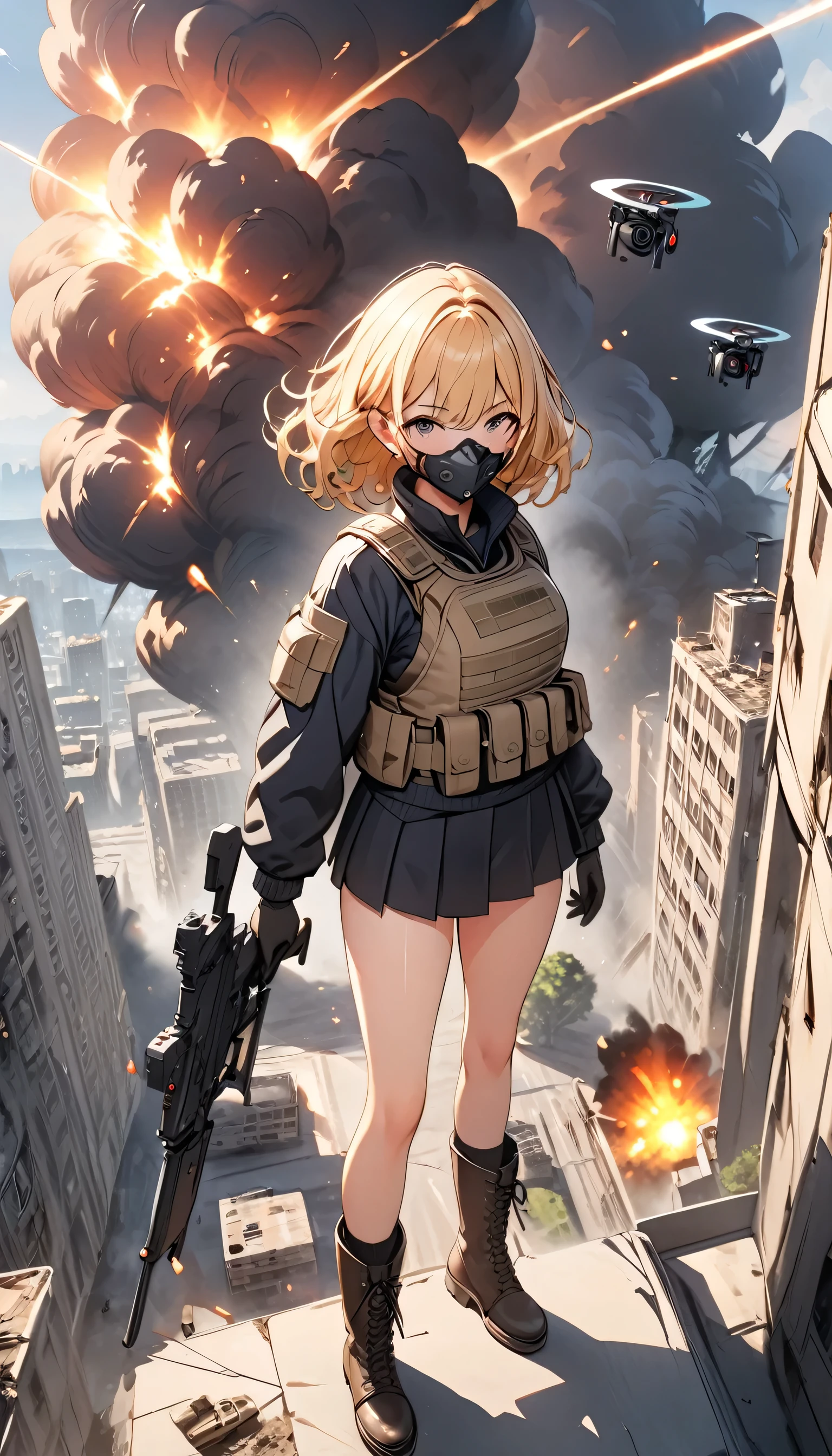 ((high quality)), ((masterpiece)), 8k, One girl, Bulletproof vest, light, Highly detailed CG Unity 8k wallpaper, Game CG, View your viewers, gloves, boots, whole body, clock, computer, mask, Drone, Have a weapon,  Jacket, (Background Destroyed city , explosion , cigarette