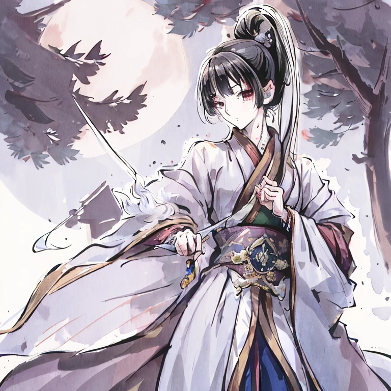 （best quality）,Master of the Martial Arts Alliance，Elegant and handsome man，Youthful and energetic，Dashing and uninhibited，Sword practice under the moon，Gentle, kind and compassionate，Broken eyes，Warm temperament，Antique ink painting，，Wuxia high ponytail hairstyle，High martial arts，high resolution，4K