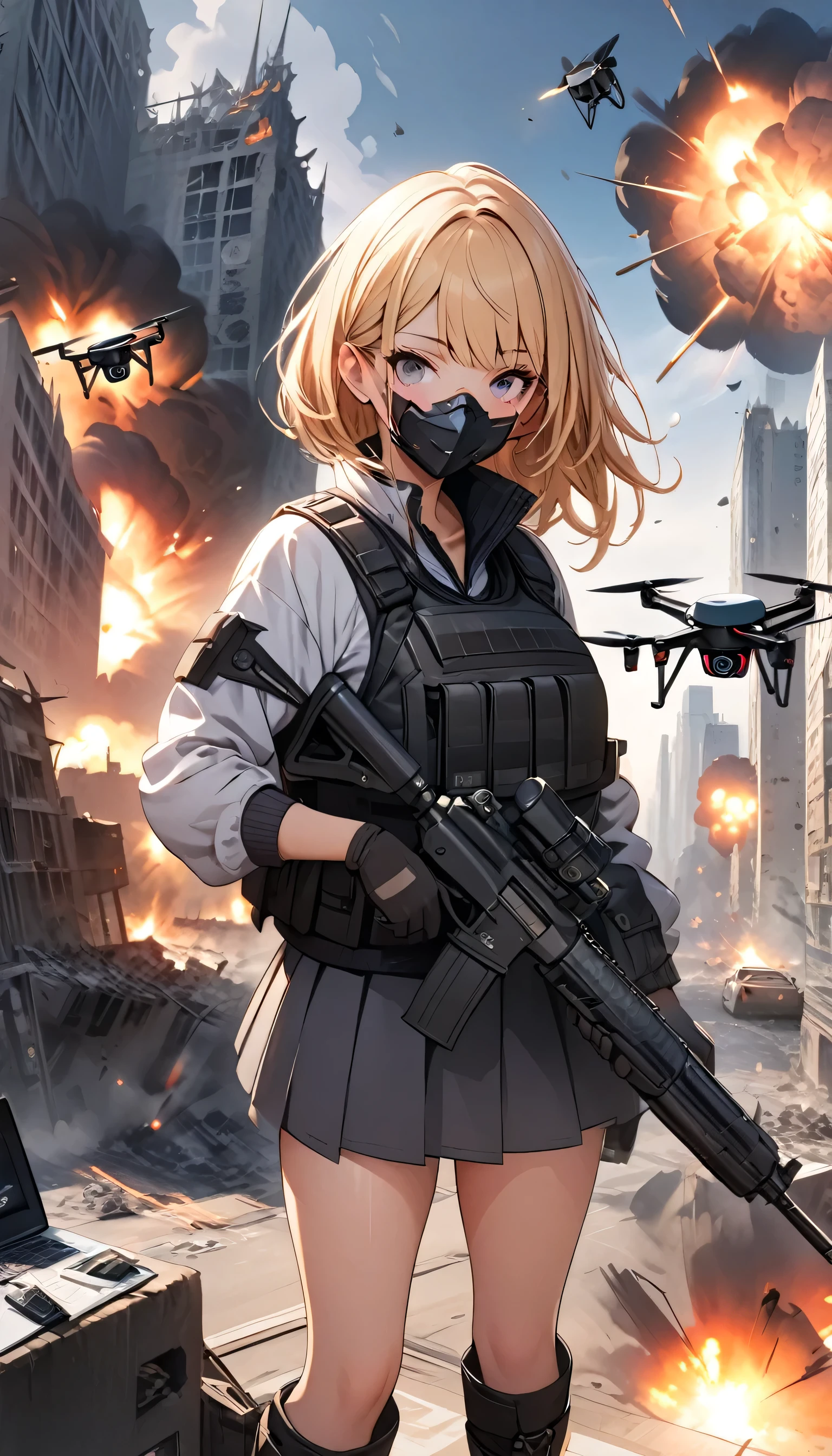 ((high quality)), ((masterpiece)), 8k, One girl, Bulletproof vest, light, Highly detailed CG Unity 8k wallpaper, Game CG, View your viewers, gloves, boots, whole body, clock, computer, mask, Drone, Have a weapon, Jacket, (Background Destroyed city , explosion , cigarette