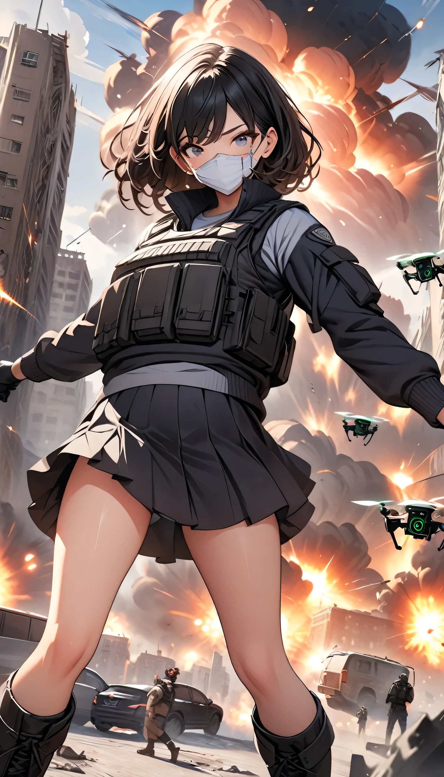 ((high quality)), ((masterpiece)), 8k, One girl, Bulletproof vest, light, Highly detailed CG Unity 8k wallpaper, Game CG, View your viewers, gloves, boots, whole body, clock, computer, mask, Drone, Have a weapon, Jacket, (Background Destroyed city , explosion , cigarette