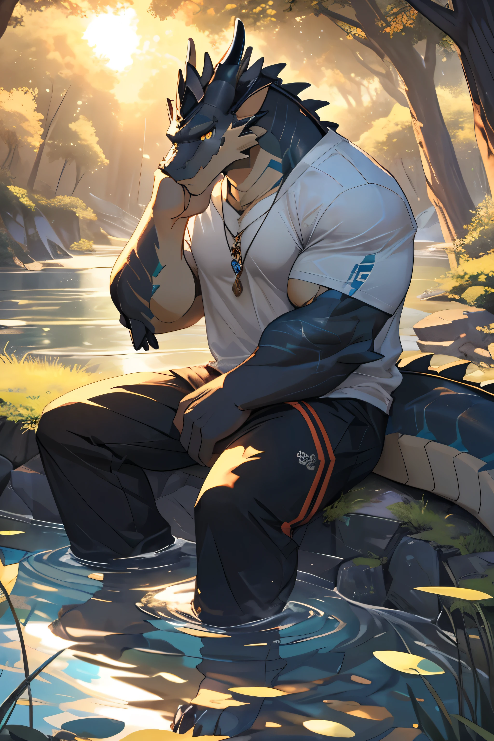 (best quality, masterpiece, ultra-detailed, intricate, illustration, detailed lighting), (morning rays, water reflections, lens flare, vibrant colors), (1 muscular black dragon character:1.5),, (golden eyes:1.3), (wearing casual clothes:1.2), Dragon,zixiong,stern yet peaceful expression, loose t-shirt and track pants, simple outfit, sitting on grassy bank of small woodland pond at dawn, sun just peeking over trees, water rippling gently, serene solitude,legs crossed, tail curled around body, one hand trailing in water