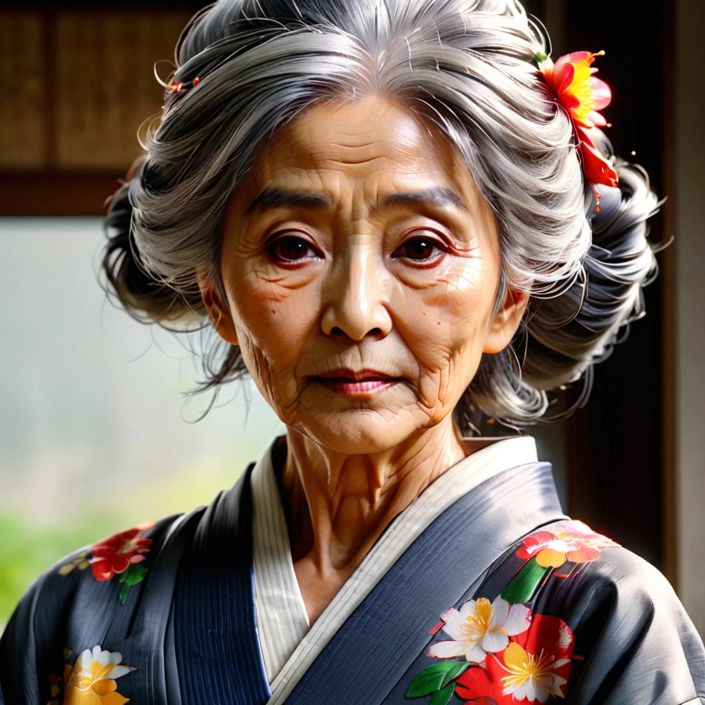 Random posture、mix4、(8k、RAW Photos、highest quality、masterpiece(:1.2)、(Real、Photorealistic:1.37)、1Old Woman in Man、cute、living、noon、sunny、Professional certification、Photon Mapping、Physically Based Rendering、Gray Hair、Shoulder-length hair、An old woman with scolding eyes、suit、kimono、highest qualityの写真、High resolution、1080P、(Wrinkled face)、(Detailed face description)、(Detailed hand description)、(masterpiece)、(ElaborateCG)、Gentle eyes looking at her grandchild、Disheveled Hair、Rich details、(Fine facial featureasterpiece)、(Detailed eyes)Look in front of you、Wrinkled hands