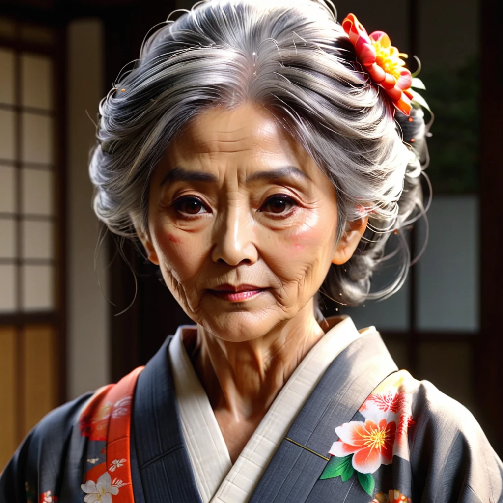 Random posture、mix4、(8k、RAW Photos、highest quality、masterpiece(:1.2)、(Real、Photorealistic:1.37)、1Old Woman in Man、cute、living、noon、sunny、Professional certification、Photon Mapping、Physically Based Rendering、Gray Hair、Shoulder-length hair、An old woman with scolding eyes、suit、kimono、highest qualityの写真、High resolution、1080P、(Wrinkled face)、(Detailed face description)、(Detailed hand description)、(masterpiece)、(ElaborateCG)、Gentle eyes looking at her grandchild、Disheveled Hair、Rich details、(Fine facial featureasterpiece)、(Detailed eyes)Look in front of you、Wrinkled hands