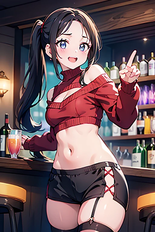 (from below:1.2),(from side:0.9), ((Face)), (Close-Up:0.4), masterpiece,"A 26-year-old girl stands at a bar counter. She is dressed in a stylish off-shoulder dress, sweater dress, off-shoulder sweater, red sweater,garter stocking, cleavage:1.1, midriff, black shorts, black thighhighs, thigh strap, pretty girl, (highly detailed beautiful face and eyes,firm breasts),real skin,((black,hair,long pony tail hair)),thin pubic hair,cute and lovely pose, detailed eyes, This masterpiece is only visually stunning but also tells,(double breasted:0.6,under bust:0.6),(with sparkling eyes and a contagious smile),open mouth. The bar is beautiful, with colorful bottles of alcohol in the background and a soft glow from neon lights. The atmosphere is relaxed, and the girl looks confident and fashionable.",full body, sexy pose,make a cocktail , in a bar counter, Looking at Viewer,
