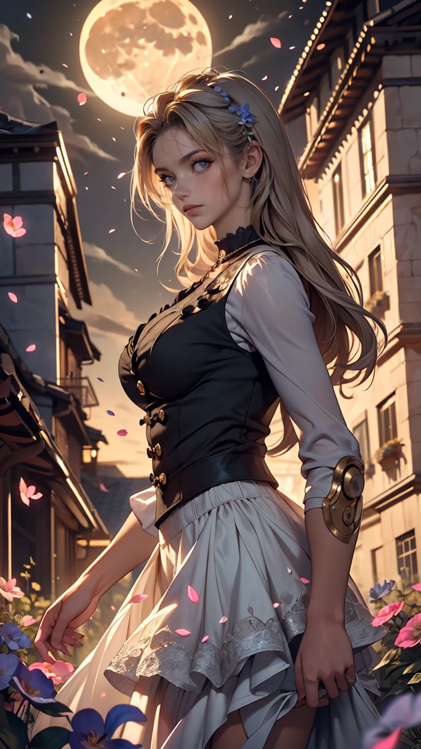 robot, One Piece Masterpiece, highest quality,, One girl, (colorful),(Beautifully detailed eyes and face),cinematic Lighting,Bust Shot,Highly detailed CG Unity 8k wallpaper,Gray Hair,alone,smile,Complex skirt,((Flying petals)),(Flowery meadow), null, cloudy_null, building, moonLight, moon, night, (Dark Theme:1.3), Light, Fantasy,