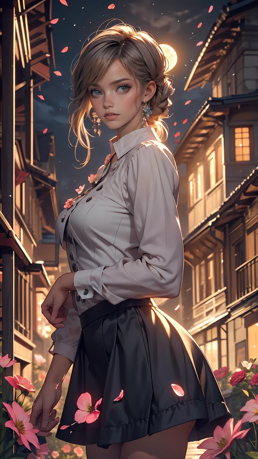 robot, One Piece Masterpiece, highest quality,, One girl, (colorful),(Beautifully detailed eyes and face),cinematic Lighting,Bust Shot,Highly detailed CG Unity 8k wallpaper,Gray Hair,alone,smile,Complex skirt,((Flying petals)),(Flowery meadow), null, cloudy_null, building, moonLight, moon, night, (Dark Theme:1.3), Light, Fantasy,