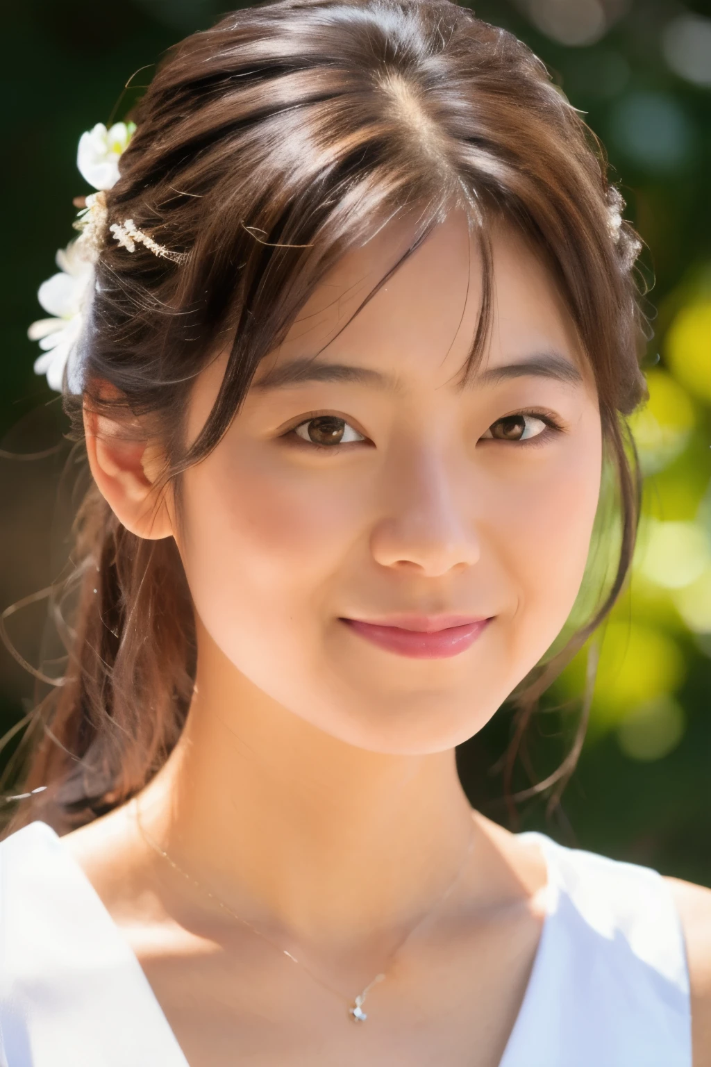Masterpiece, high quality, high resolution, 8K, ((Skinny Japanese woman in a costume which consists of a short-sleeved white shirt and a light-brown long skirt)), beautiful face, natural makeup, detailed face, detailed eyes, a photo that feels endearing