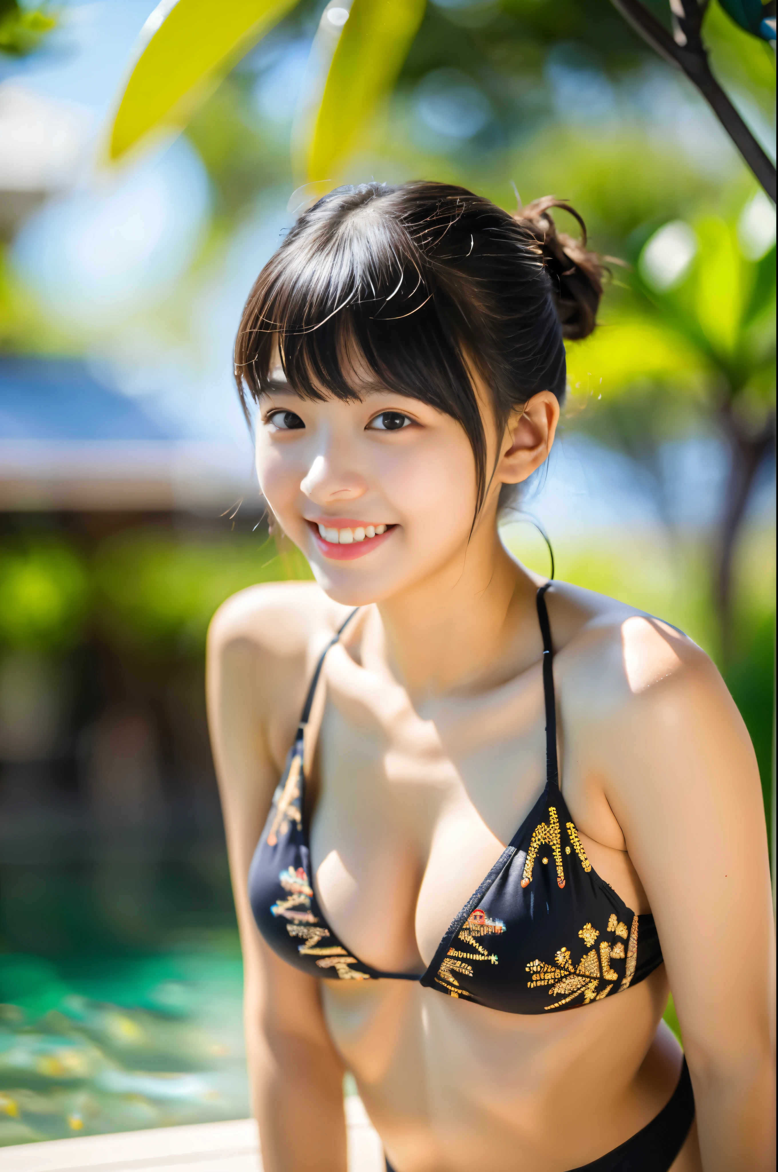 (Small breasts:1.5)、(8k、RAW Photos、highest quality、masterpiece: 1.3)、Dynamic Angle、masterpiece、Very detailed、High resolution、classmate、high school student、Face Light、Bun Hair、double bun、bangs、smile、Cute Smile、Warm sunshine、bikini、Tropical pattern、(Stained glass)、(Fractal Pattern:1.5)、Gaze at the aquarium、small aquarium、classroom、Goldfish、