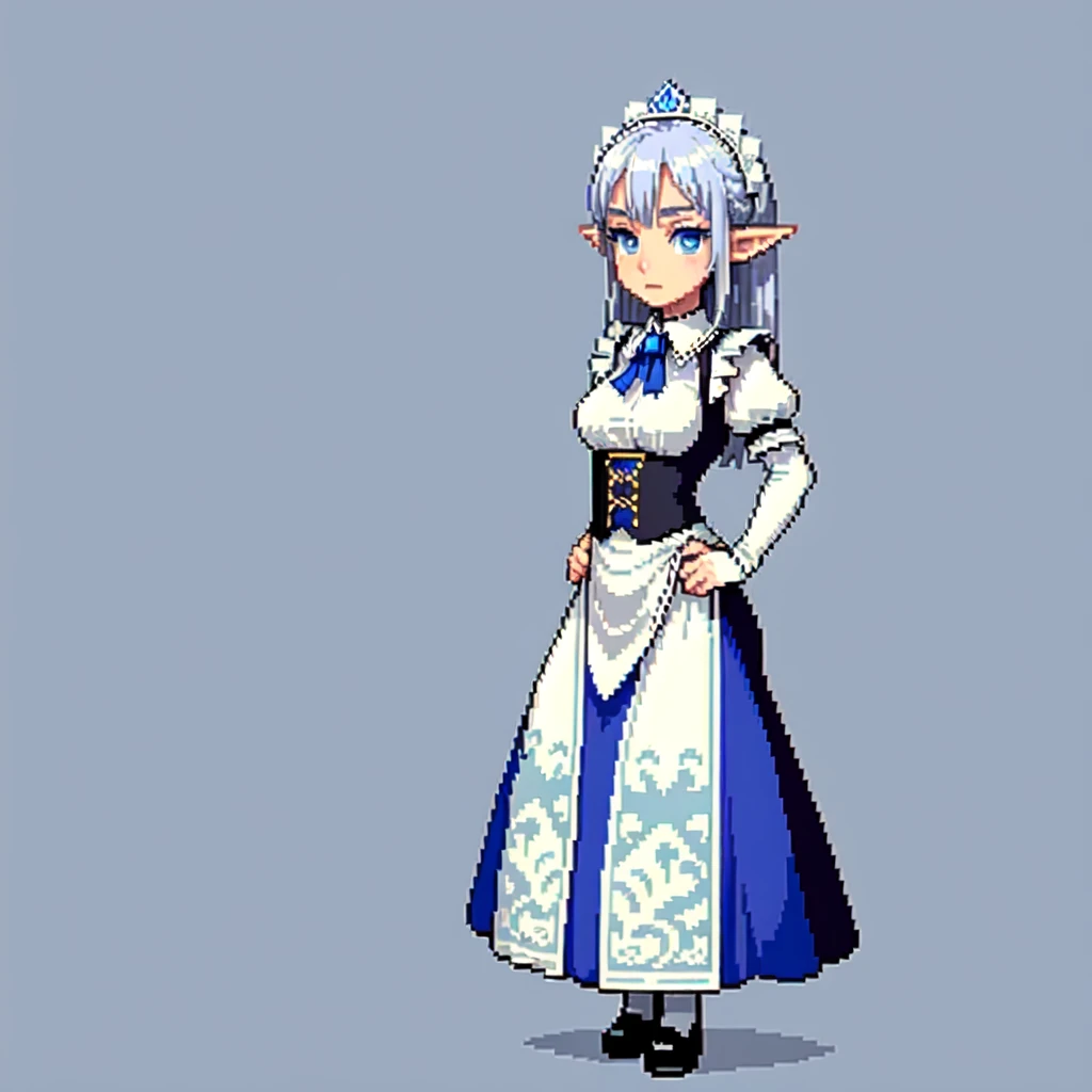(masterpiece, top quality, best quality), pixel,pixel art,1girl,elf,silver hair,blue eyes,maid clothes,castle,full body