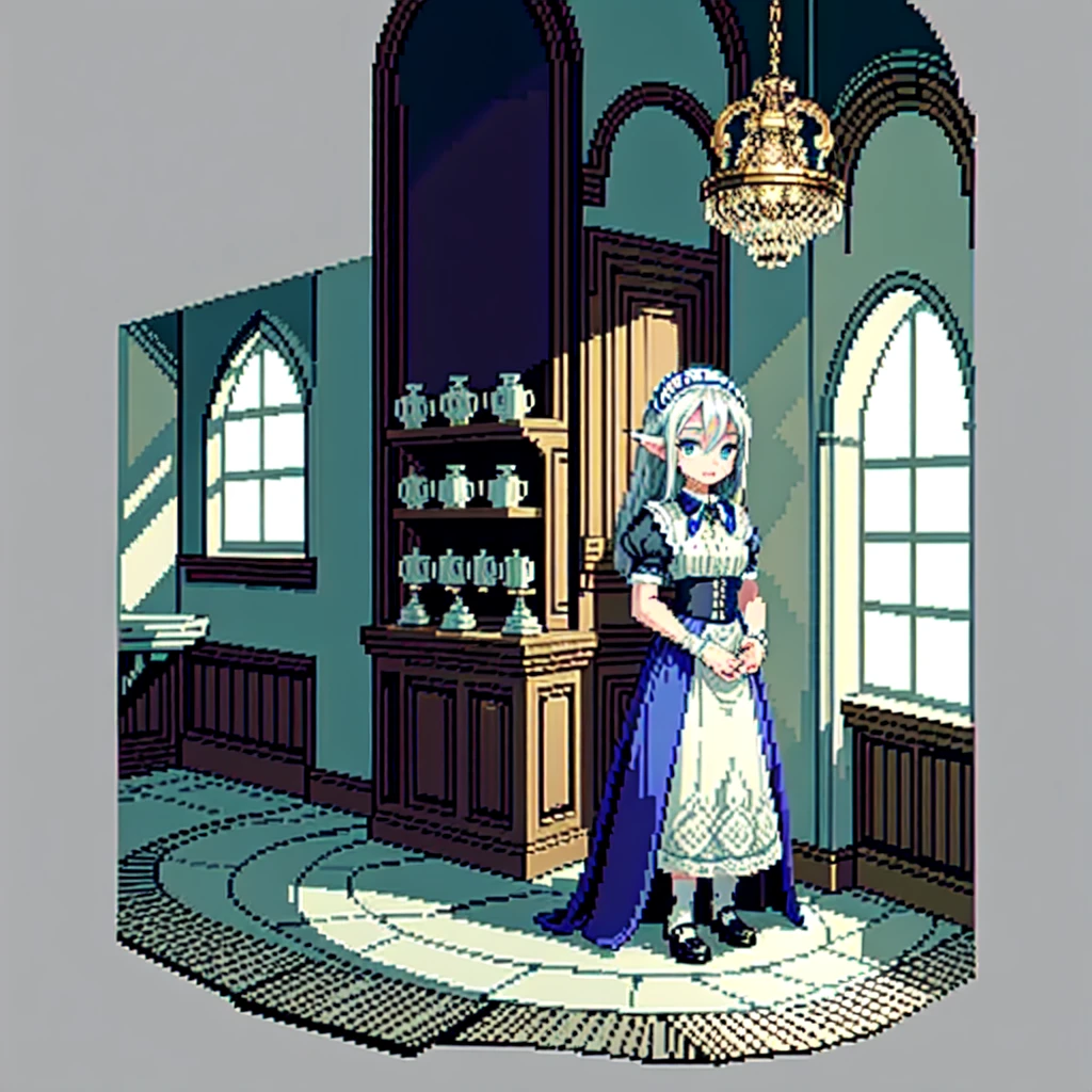 (masterpiece, top quality, best quality), pixel,pixel art,1girl,elf,silver hair,blue eyes,maid clothes,castle,full body