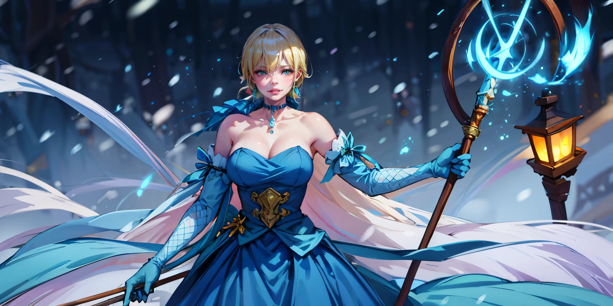 tenka izumo, short hair, blue eyes, blonde hair, anatomically correct, heavy breathing, huge breasts, dress, 1girl, staff, solo, snowing, bare_shoulders, breasts, gloves, jewelry, holding_staff, snow, blue_dress, detached_sleeves, snowflakes, holding, strapless_dress, choker, strapless, looking_at_viewer, holding_staff, standing, "Photorealistic, Hyperrealistic, Hyperdetailed, analog style, soft lighting, subsurface scattering, realistic, heavy shadow, masterpiece, best quality, ultra realistic, 8k, golden ratio, Intricate, High Detail, film photography, soft focus", (shaded face:1.2), hollow eyes, green eyes, looking at viewer, (heavy breathing:1.2), smirk, upper teeth, lips, steaming face,