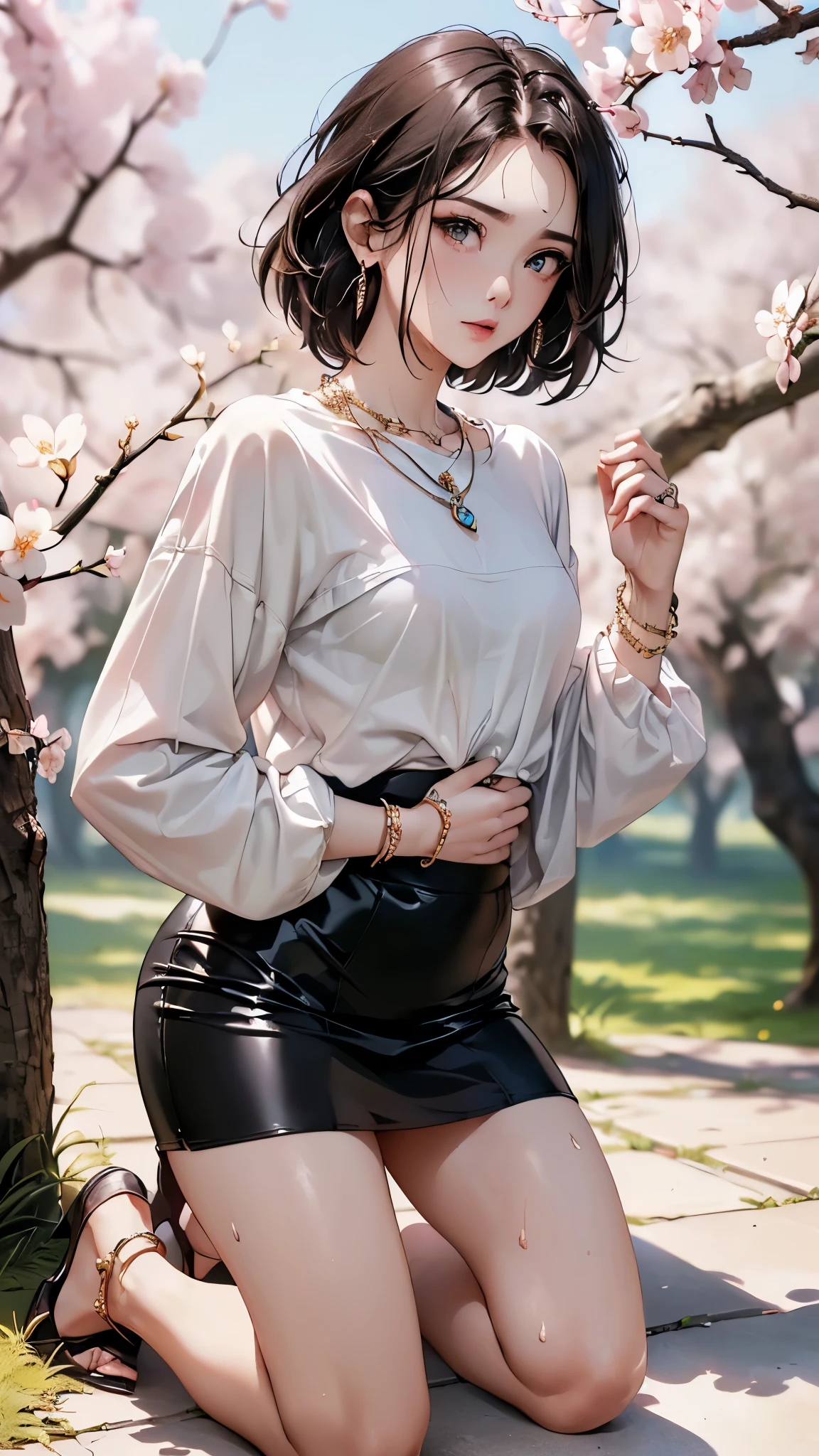 ((Biologically correct limb count))、((Full Body Shot, Full-body photo including face、Head to toe photos))、4K、masterpiece、((Focus on the face))、((Symmetrical facial features))、Eyes of meticulous depiction、Beautiful woman、Excellent style、Beautiful feet、(Black Stockings、High heels with anklets)、Facial detailing、Small earrings、necklace、((Close-up photo of the upper body))、(Latex shirts、Latex skirt)、Morning park scenery during cherry blossom season、(( Sweating profusely))、Low - Angle、(Shy)、