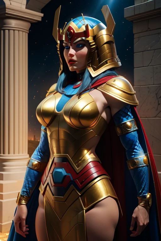 bigbarda, blue eyes, lips, 
blue and gold bodysuit, helmet,  red cape, 
solo,standing, upper body,   serious,  cowboy shot,  looking at viewer, 
island,  pillars, 
(insanely detailed, beautiful detailed face, masterpiece, best quality) cinematic lighting,
 