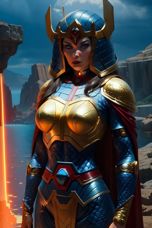 bigbarda, blue eyes, lips, 
blue and gold bodysuit, helmet,  red cape, 
solo,standing, upper body,   serious,  cowboy shot,  looking at viewer, 
island,  pillars, 
(insanely detailed, beautiful detailed face, masterpiece, best quality) cinematic lighting,
 