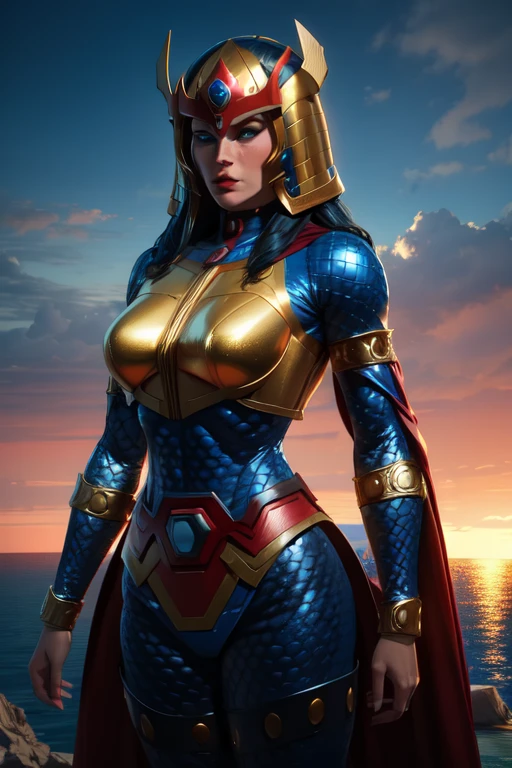 bigbarda, blue eyes, lips, 
blue and gold bodysuit, helmet,  red cape, 
solo,standing, upper body,   serious,  cowboy shot,  looking at viewer, 
island,  pillars, 
(insanely detailed, beautiful detailed face, masterpiece, best quality) cinematic lighting,
 