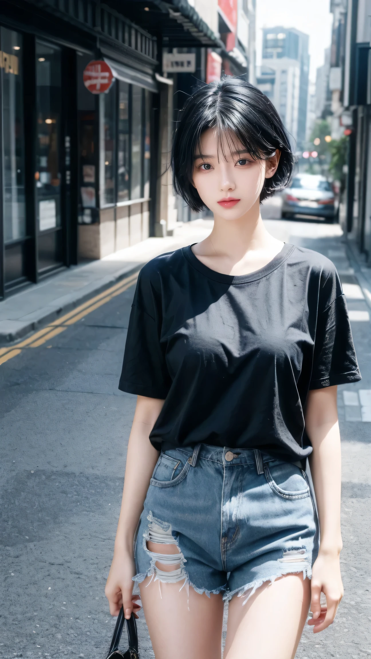 best quality, 1 Girl, dark blue hair, black eyes, Very short hair, Spiky hair, oversize t-shirt, High waist short jeans, 171 cm, Messy hair, Hair between the eyes, Medium breasts, full, Tomboy, aldult, 20 years old, 1 Girl