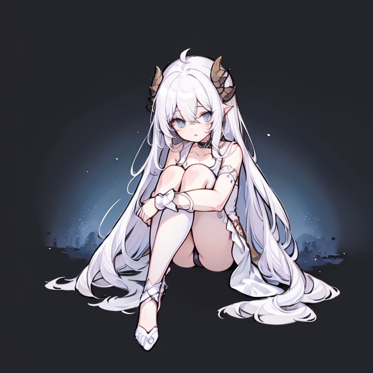 ((masterpiece)), ((bestquality)), 1 girl, solo, a , white hair, blue eyes, detailed face, dragonian_head, dragonian_body, dragonian_hairstyle, dragonian_horns, dragonian_tail, white tail, white long dress, black choker, silver circlet on head, close range, ((hugging own legs)), sitting, nice legs, perfect legs, nice hands, perfect hands, ((white background))