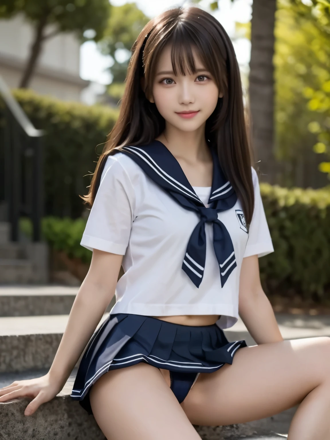 ,(In 8K,highest quality,Ultra-high resolution output images,),(Intricate details,),(Set the picture mode to Ultra HD),Detailed clothing features,Detailed hair features,Detailed facial features,((school uniform:1.3)), ((Sailor suit:1.3)), White shirt, Short sleeve, Black pleated skirt, High school girls, cute, , Red ribbon, Station stairs, The background is buildings, Full Body Shot,  ((Knee Up:1.3)), Black pleated skirt, nsfw:1.5, ((spread legs:1.3)), ((Showing panties:1.3)), smile, (Brown medium hair,bangs), Nogizaka、cute、Flexible fingertips,Beautiful dark eyes、Natural skin texture:1.3, Realistic eye and facial details:1.7、Staring at the audience,Lift up the skirt, School Bags