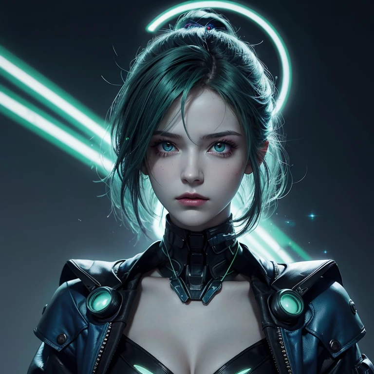 Best Quality, univers cyberpunk, femme de 30 ans, cheveux vert neon, yeux bleu ciel, cicatrice couteau aux visage et buste, menacing look 