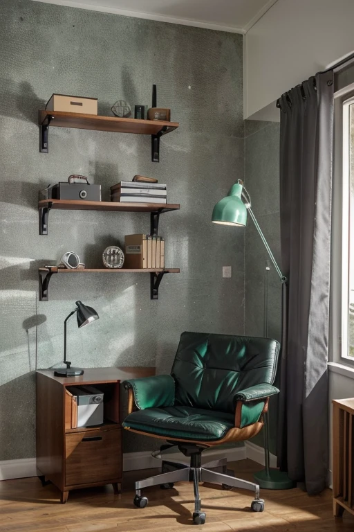 Even further to the left, ao longo da parede, uma mesa estreita estaria abarrotada de livros. A bottle green leather Club armchair leads to gray metallic filing cabinets and light wood binders. Uma terceira mesa, menor ainda, would support a Swedish lamp and a typewriter covered by an oilcloth cover