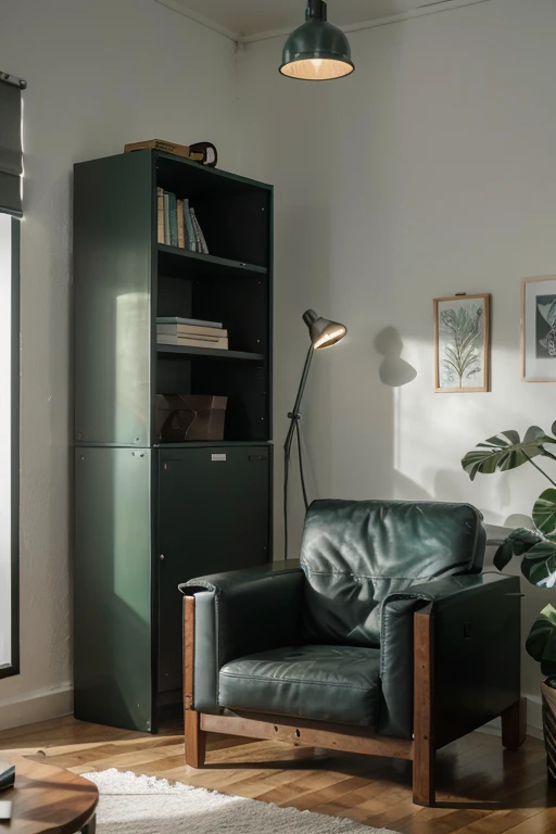 Even further to the left, ao longo da parede, uma mesa estreita estaria abarrotada de livros. A bottle green leather Club armchair leads to gray metallic filing cabinets and light wood binders. Uma terceira mesa, menor ainda, would support a Swedish lamp and a typewriter covered by an oilcloth cover