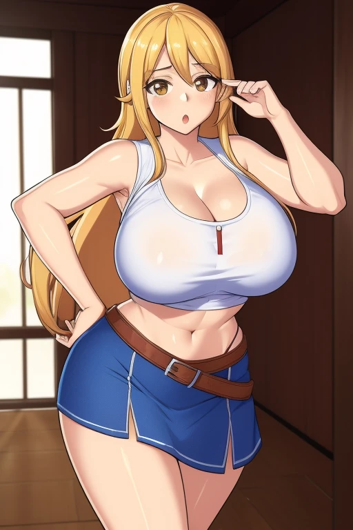 (masterpiece, best quality:1.2), RedJet00, Soft Lineart, Soft Shading, Film Grain, 1girl, solo, cowboy shot, :o, full body, looking at viewer, blonde hair, (light brown eyes), lucy heartfilia, long hair, white shirt open from underside, sleeveless, belt, blue skirt, midriff, gigantic breasts, mature female, wide hips