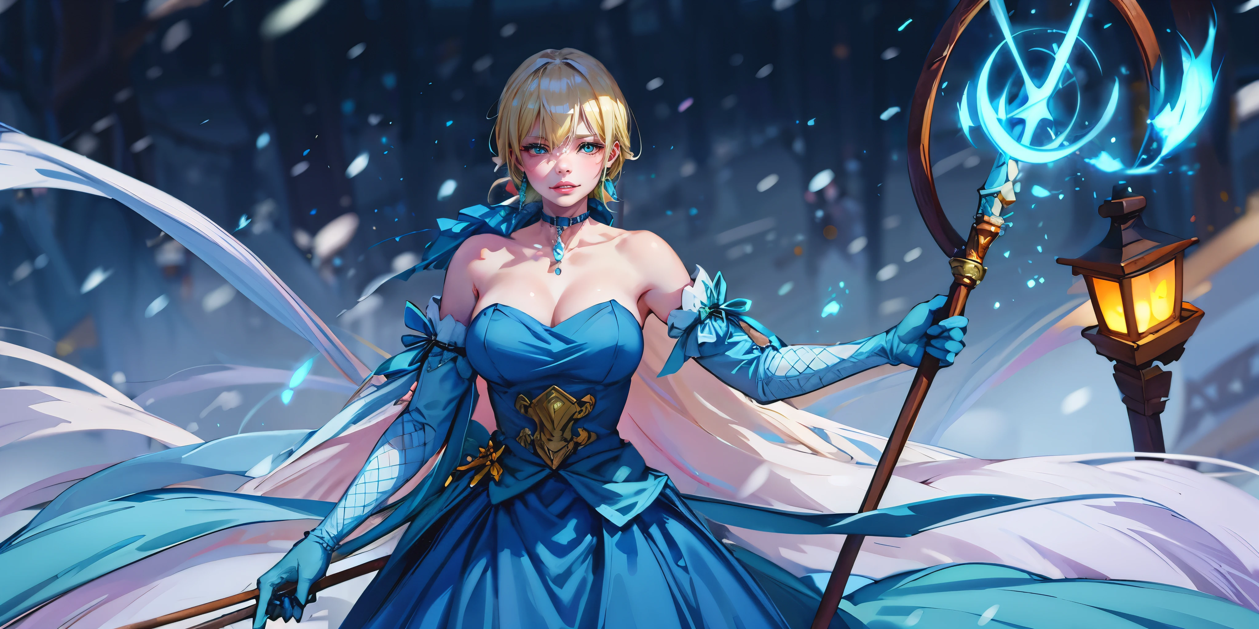 tenka izumo, short hair, blue eyes, blonde hair, anatomically correct, heavy breathing, huge breasts, dress, 1girl, staff, solo, snowing, bare_shoulders, breasts, gloves, jewelry, holding_staff, snow, blue_dress, detached_sleeves, snowflakes, holding, strapless_dress, choker, strapless, looking_at_viewer, holding_staff, standing, "Photorealistic, Hyperrealistic, Hyperdetailed, analog style, soft lighting, subsurface scattering, realistic, heavy shadow, masterpiece, best quality, ultra realistic, 8k, golden ratio, Intricate, High Detail, film photography, soft focus", (shaded face:1.2), hollow eyes, green eyes, looking at viewer, (heavy breathing:1.2), smirk, upper teeth, lips, steaming face,