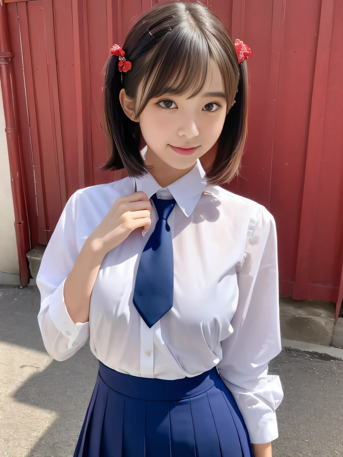(highest quality、8k、32k、masterpiece、Hmph:1.2)、sexy、18-year-old、Cute Japanese Women Photos、Twin tails、thin、slender、(Bobcut)、(Small Tits)、double eyelid、 Red open front shirt、Navy blue tie、Red mini skirt、Thighs、Blue Wall、whole body、smile、sexy、Thighs are visible
