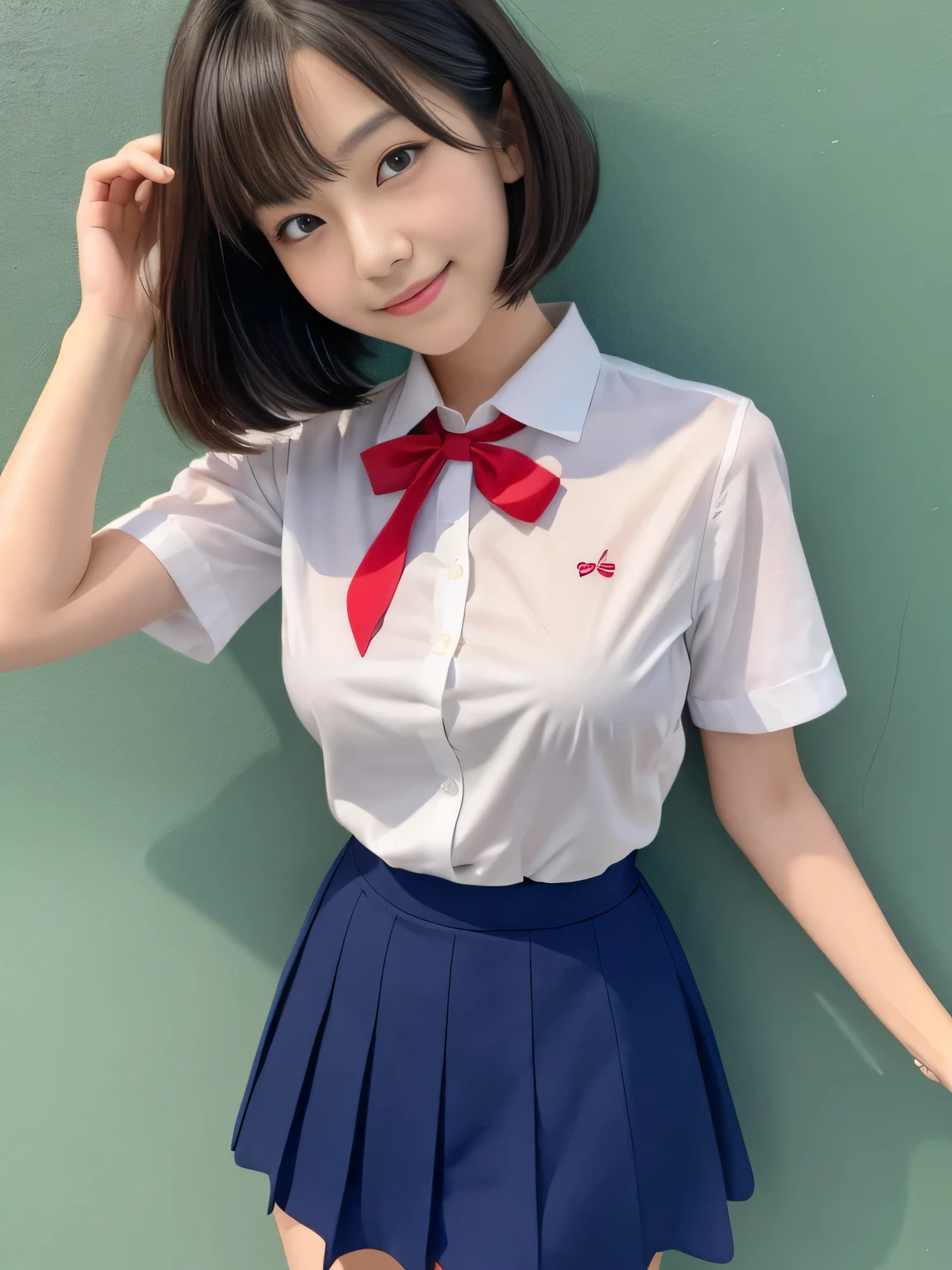 (highest quality、8k、32k、masterpiece、Hmph:1.2)、sexy、18-year-old、Cute Japanese Women Photos、Twin tails、thin、slender、(Bobcut)、(Small Tits)、double eyelid、 Red open front shirt、Navy blue tie、Red mini skirt、Thighs、Blue Wall、whole body、smile、sexy、Thighs are visible