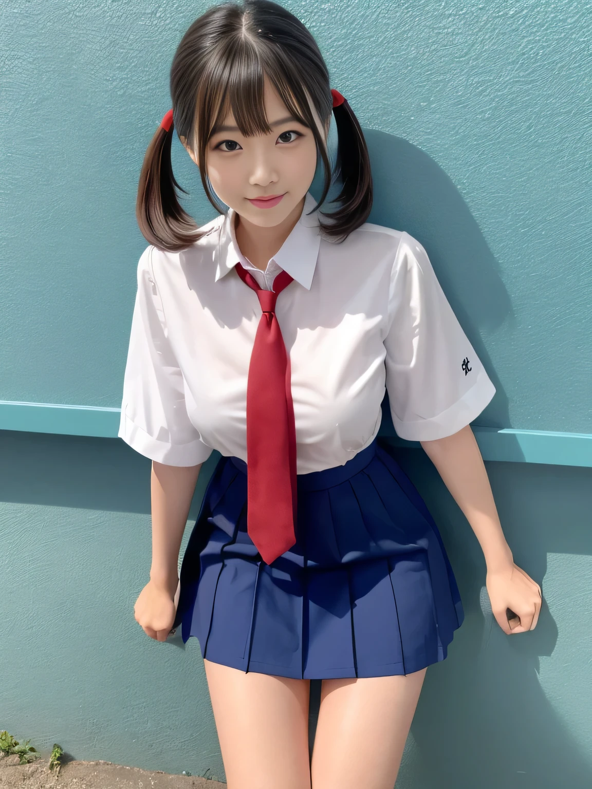 (highest quality、8k、32k、masterpiece、Hmph:1.2)、sexy、18-year-old、Cute Japanese Women Photos、Twin tails、thin、slender、(Bobcut)、(Small Tits)、double eyelid、 Red open front shirt、Navy blue tie、Red mini skirt、Thighs、Blue Wall、whole body、smile、sexy、Thighs are visible