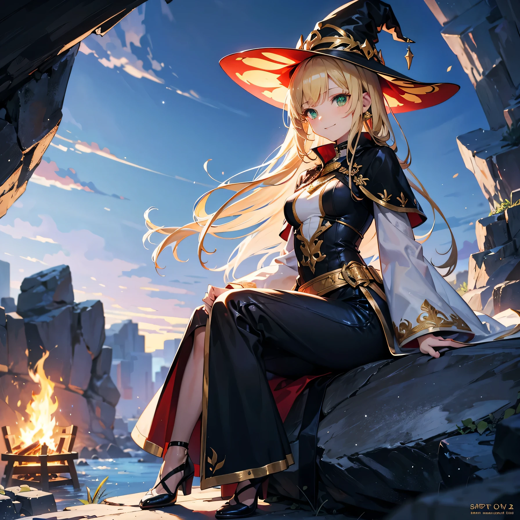 Anime Moe Art Style,highest quality,High resolution,Anatomically correct,One Woman,Twenty years old,Blonde,Super long hair,Straight Hair,Green Eyes,Super detailed,Fantasy Style,witch,White hat with gold trim,White cloak with gold trim,A long black dress,Medium sized breasts,smile,Calm expression,cave,bonfire,Sitting on a rock,Beautiful posture,8K