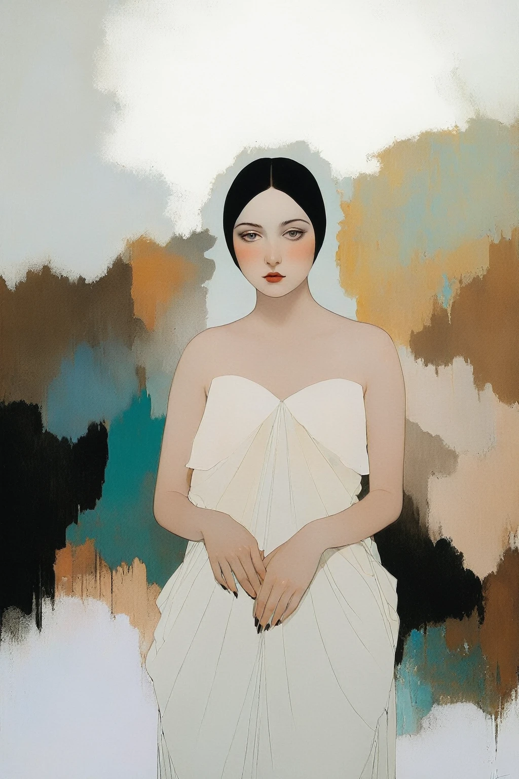 1 beautiful young woman,
cleavage
off shoulder oversized shirt
( 8k, gradient art by Harry Clarke Hayv Kahraman )