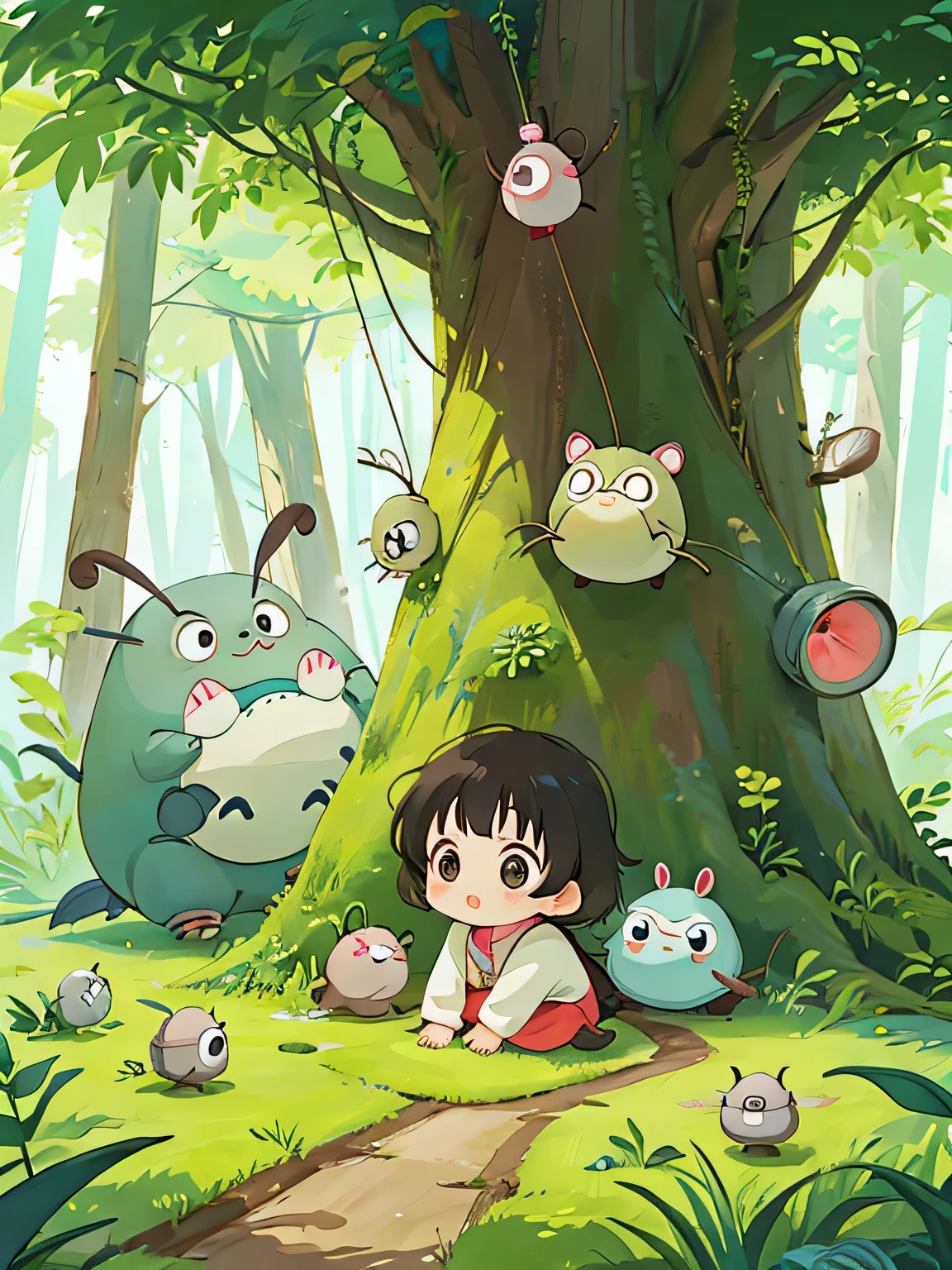 hayao miyazaki style, Kawaii Design, The most beautiful girl of all time、Chibi, Cute and colorful pillbugs、play together、Lots of pillbugs、Totoro Forest