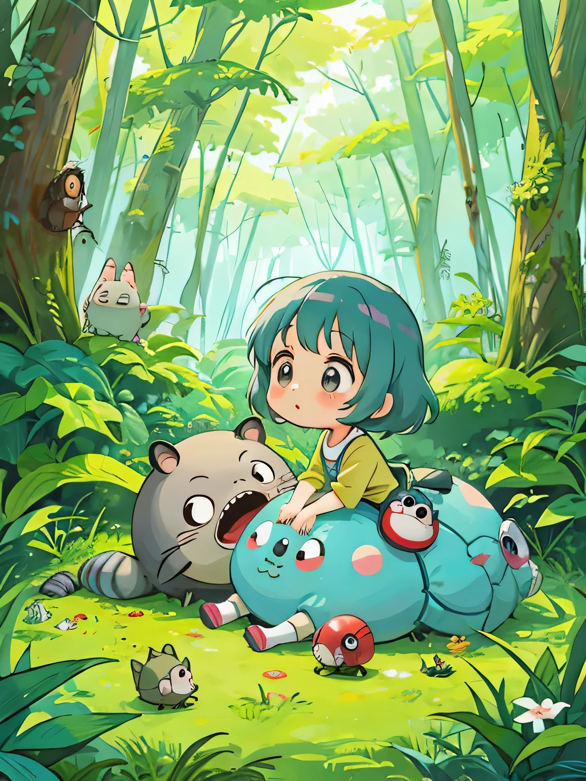 hayao miyazaki style, Kawaii Design, The most beautiful girl of all time、Chibi, Cute and colorful pillbugs、play together、Lots of pillbugs、Totoro Forest
