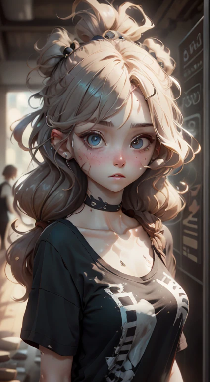 One girl, Idol, close, clavicle, ,, photograph, movie, Depth of written boundary, Skin Texture, T-Shirts, rubber band, Topknot, Long Hair, Messy Hair,