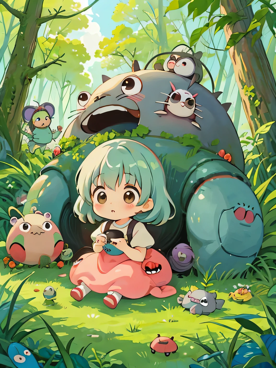 hayao miyazaki style, Kawaii Design, The most beautiful girl of all time、Chibi, Cute and colorful pillbugs、play together、Lots of pillbugs、Totoro Forest