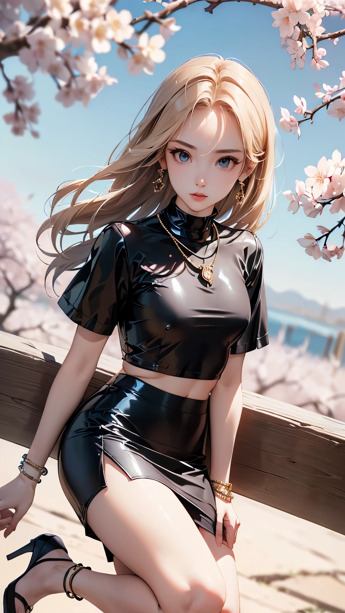 ((Biologically correct limb count))、((Full Body Shot, Full-body photo including face、Head to toe photos))、4K、masterpiece、((Focus on the face))、((Symmetrical facial features))、Eyes of meticulous depiction、Beautiful woman、Excellent style、Beautiful feet、(Black Stockings、High heels with anklets)、Facial detailing、Small earrings、necklace、((Close-up photo of the upper body))、(Latex shirts、Latex skirt)、Morning park scenery during cherry blossom season、Low - Angle、(Shy)、