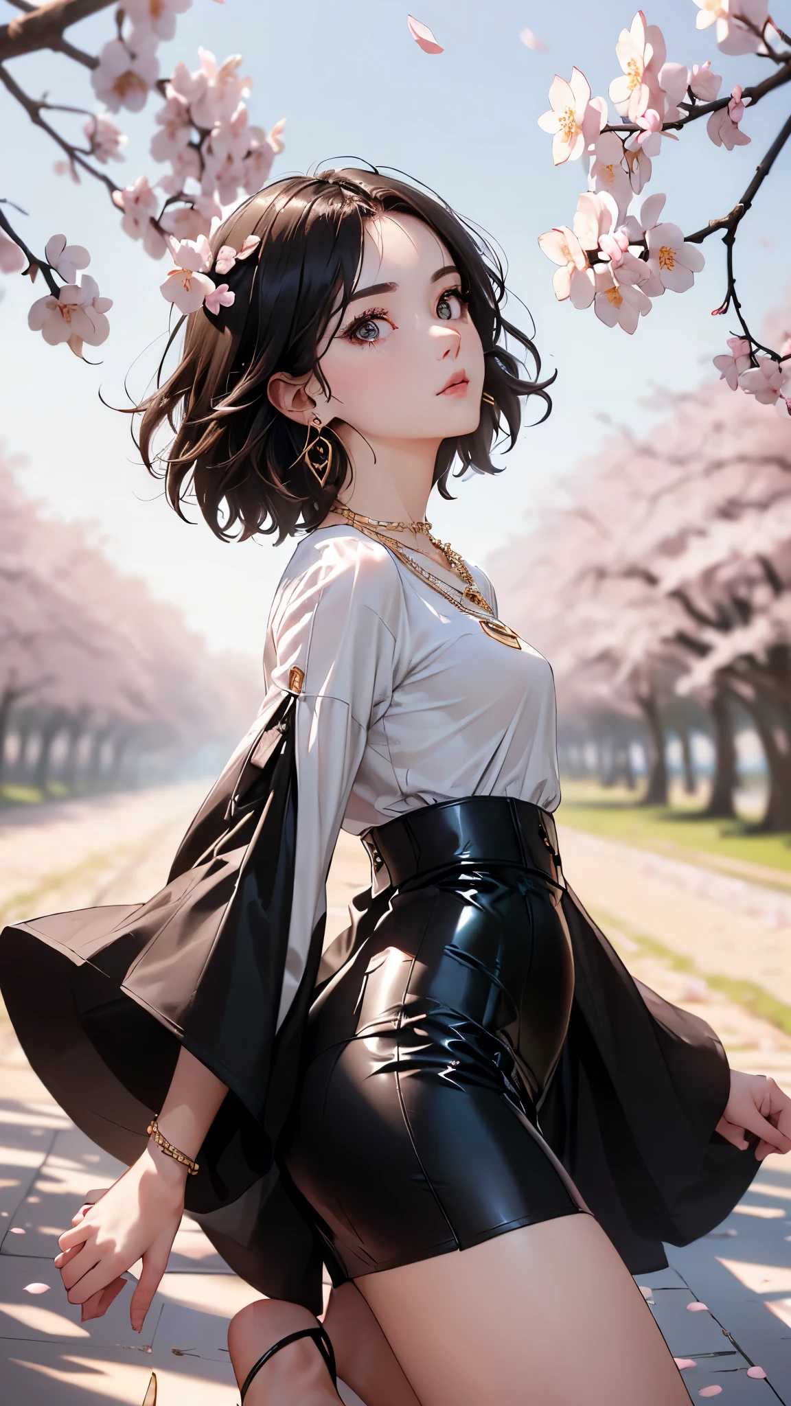 ((Biologically correct limb count))、((Full Body Shot, Full-body photo including face、Head to toe photos))、4K、masterpiece、((Focus on the face))、((Symmetrical facial features))、Eyes of meticulous depiction、Beautiful woman、Excellent style、Beautiful feet、(Black Stockings、High heels with anklets）、Facial detailing、Small earrings、necklace、((Close-up photo of the upper body))、(Latex shirts、Latex skirt）、Morning park scenery during cherry blossom season、Low - Angle、(Shy)、