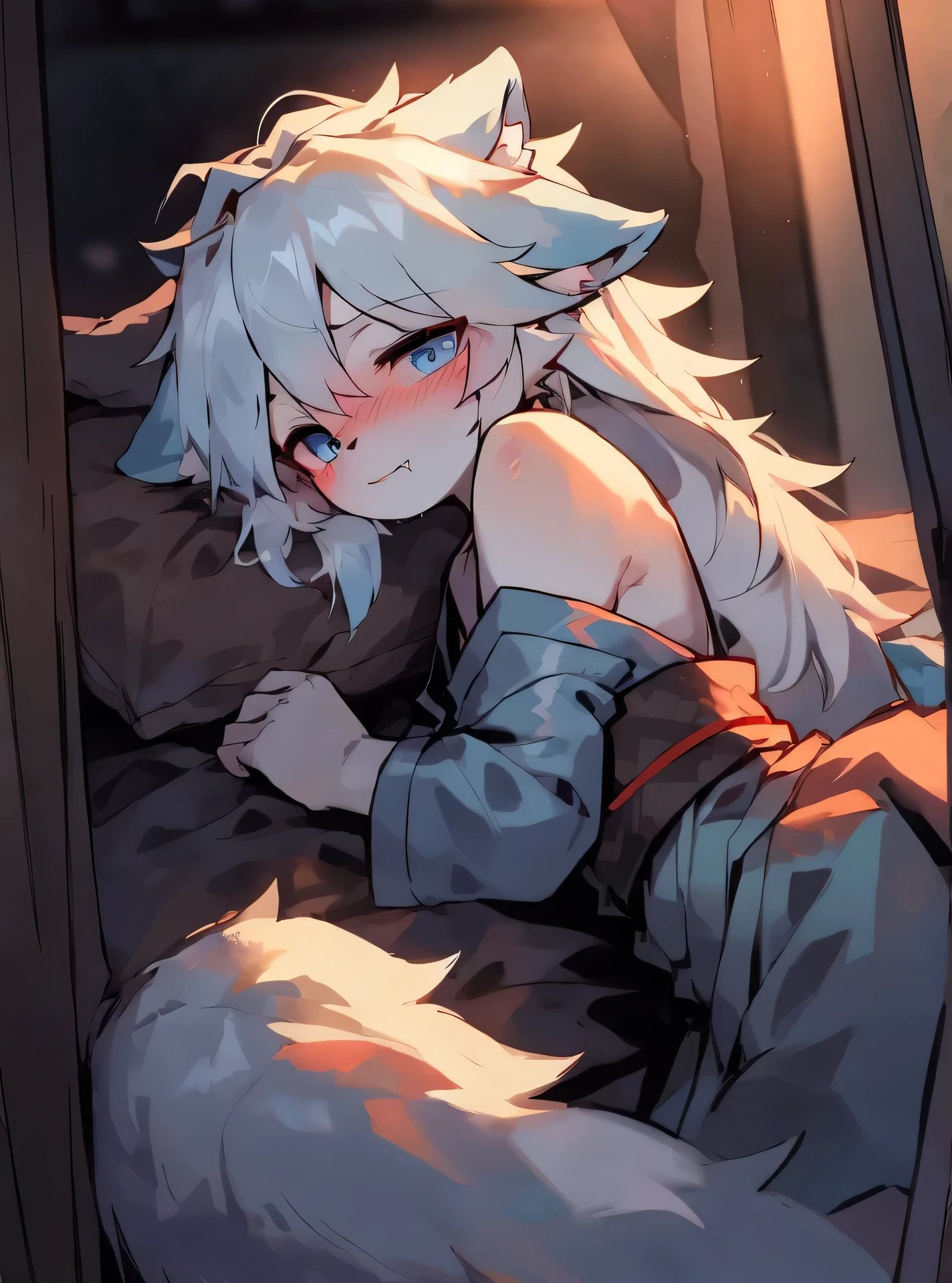 (masterpiece, best quality:1.3), high resolution, Wolf,White hair,The fur on the arms and calves is a gradient sky blue,Sky blue eyes,Sky blue ear hair,Wearing a loose blue kimono,Show your shoulders,Lying in bed,Blushing on the face,Blurred eyes,White sheets in the background,White long hair,cute,facing the camera,Slight smirk,A thin stream of saliva hangs from the mouth,Male beasts too,Two ears,The room background is a retro Japanese style room,The time is night
