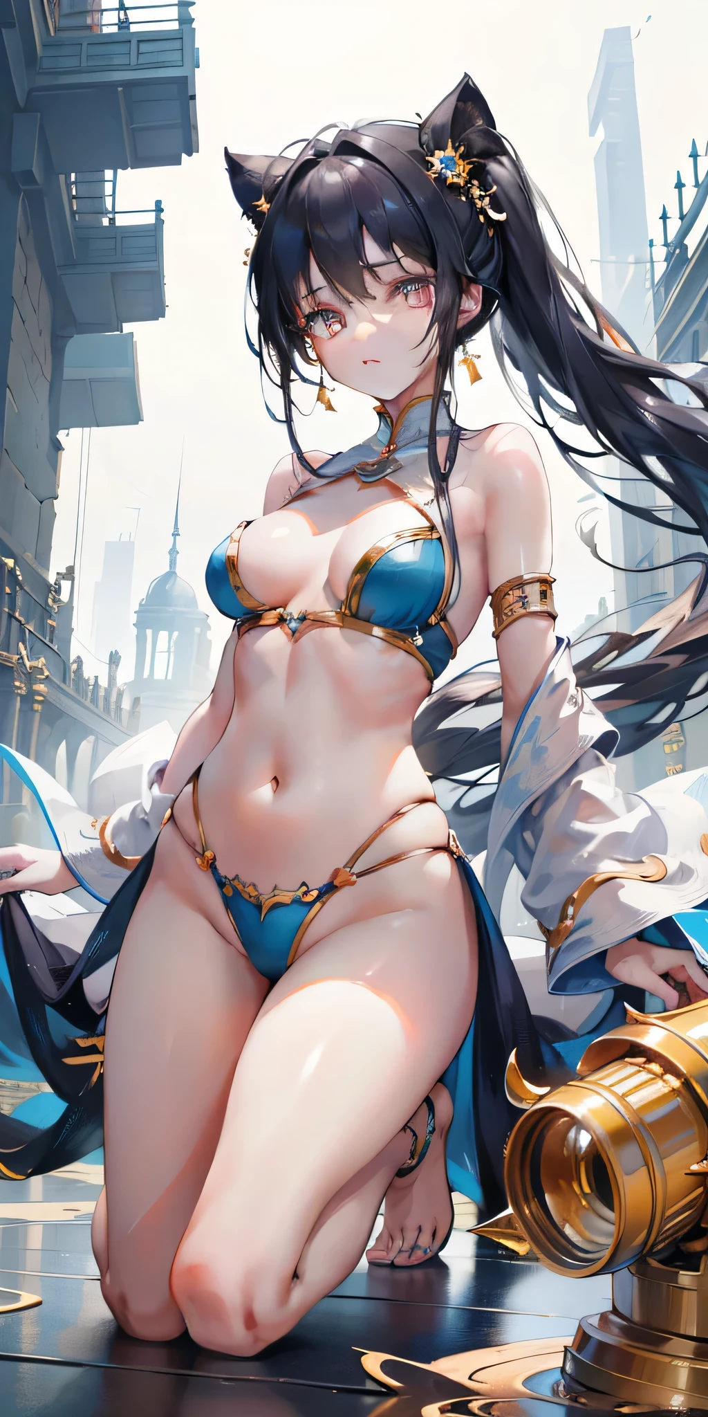 (masterpiece, best quality: 1.3), (16K, high resolution: 1.3), Beautiful girl, Mechanical fuselage, Cleansing the skin, Light, There is Light and Light, Very cute and beautiful female idol, open navel,Bare thighs,Full body female, Staring at the audience, Eyes Light firm and solemn,
